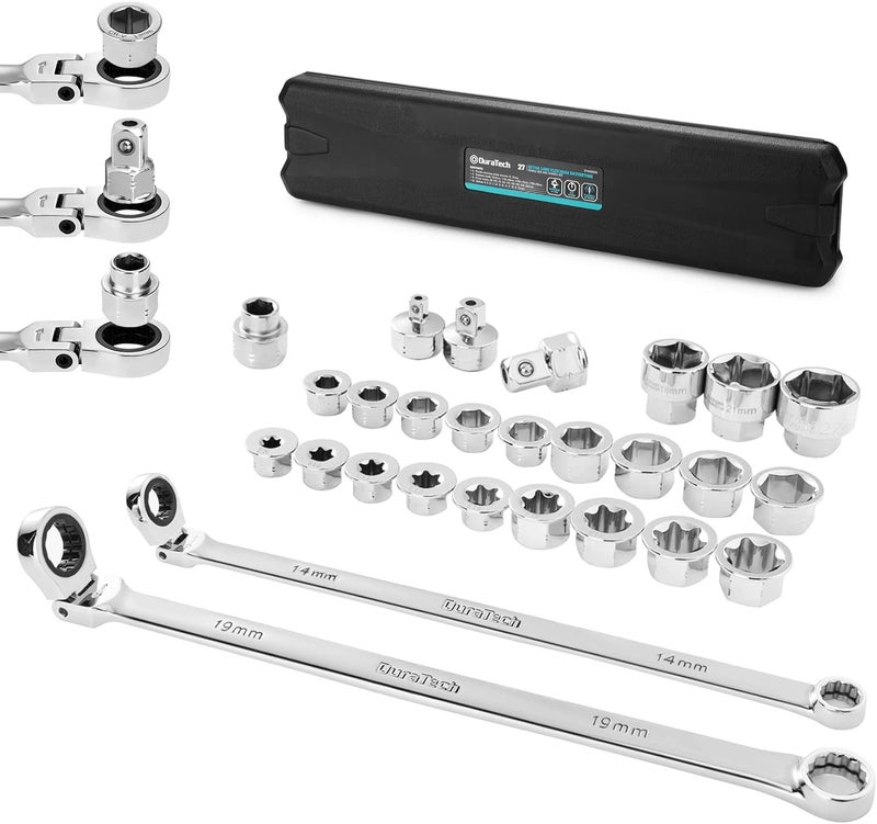 DURATECH 27PCS Extra Long Flex Head Ratcheting Wrench Set, 8-22mm, Double Box End Ratchet Wrench Set with E-type 8-22mm Replacement Heads, 10x19mm, 1/4", 3/8", 1/2" Socket Adapters - Image 1